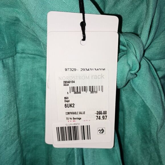 Reiss Esme Dress Size 2 Aqua Green Faux Wrap Linen Chain Strap Surplice Bodice - Picture 7 of 13